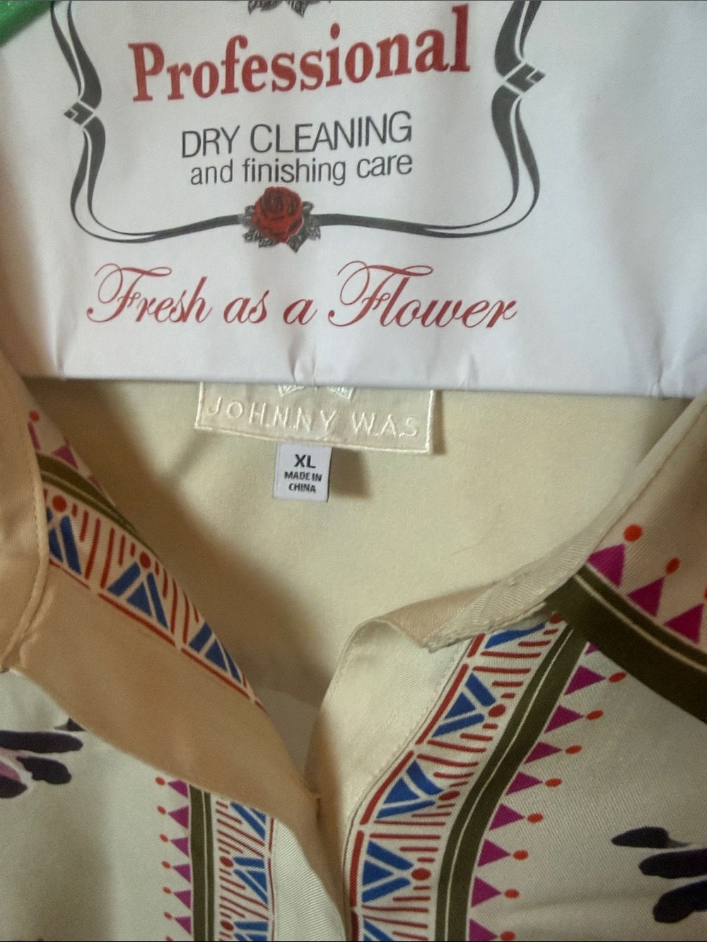 Johnny Was Cream Long Sleeve Tunic with Blue Pink and Green Print